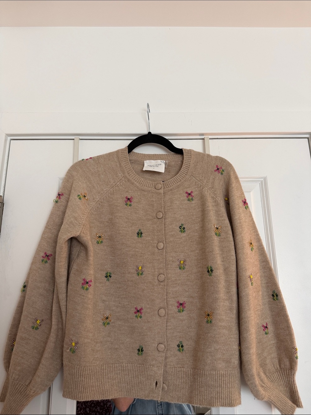Embroidered Beige Button-Front Cardigan Sweater